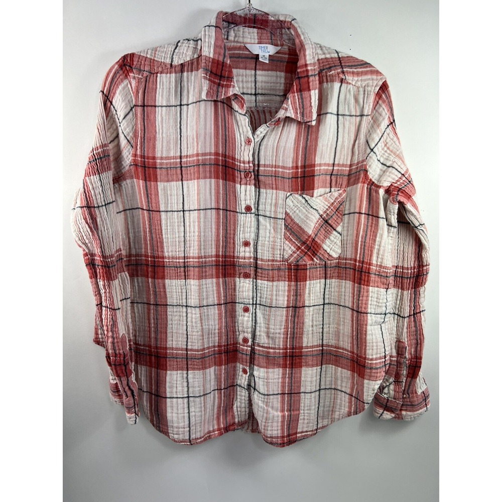 Time & Tru Crinkle Cotton Shirt Women's Sz M Red Plaid Long Roll Tab Sleeves